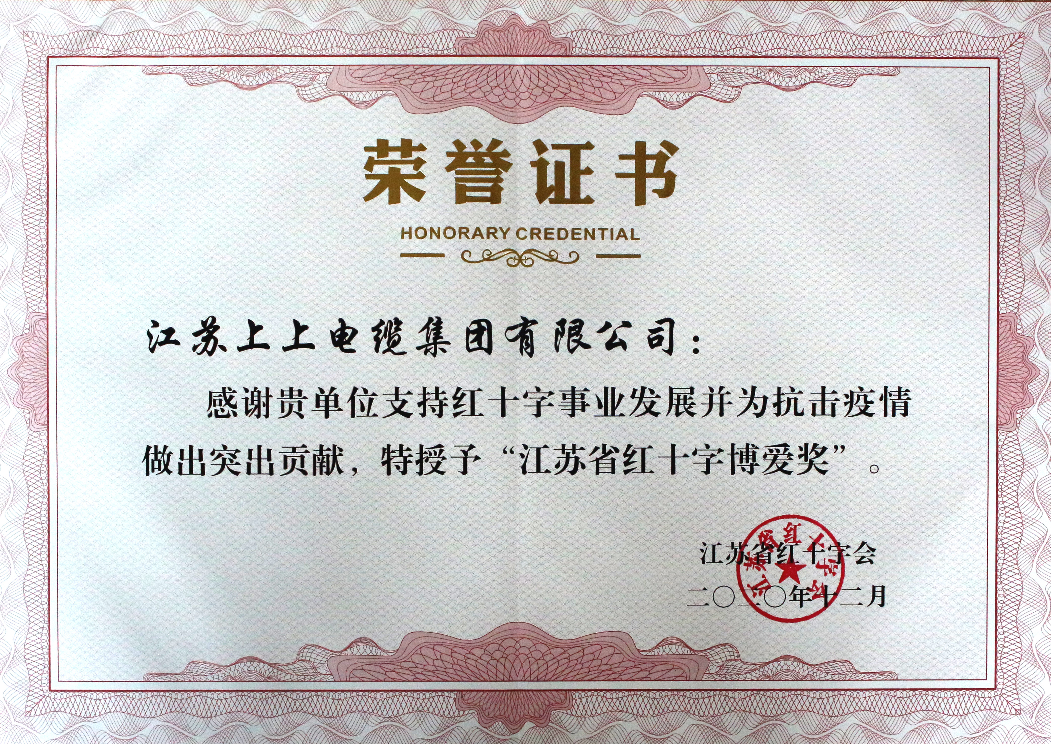 东升pg娱乐游戏被授予“江苏省红十字博爱奖”